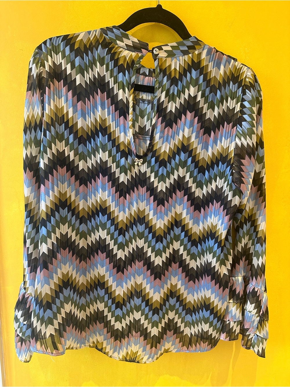 Multicolor Zigzag Ruffle Bow-Neck Blouse - Picture 3 of 3